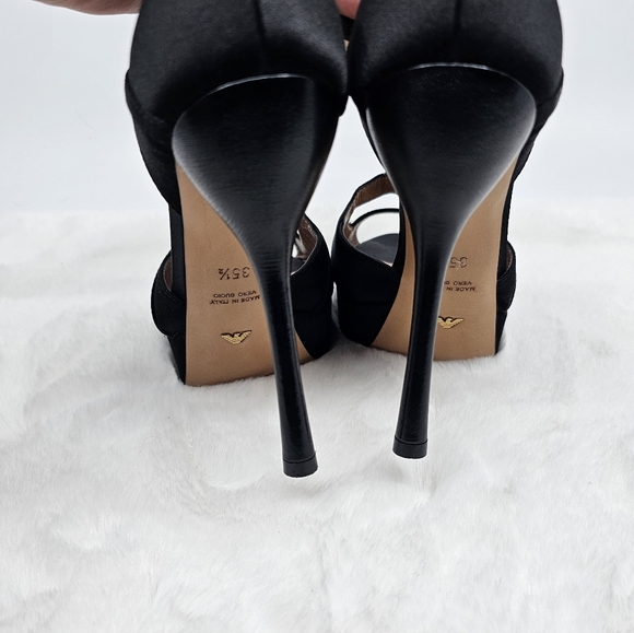 Emporio Armani black evening satin peep toe strappy slip on high heels 5.5 - Picture 3 of 12